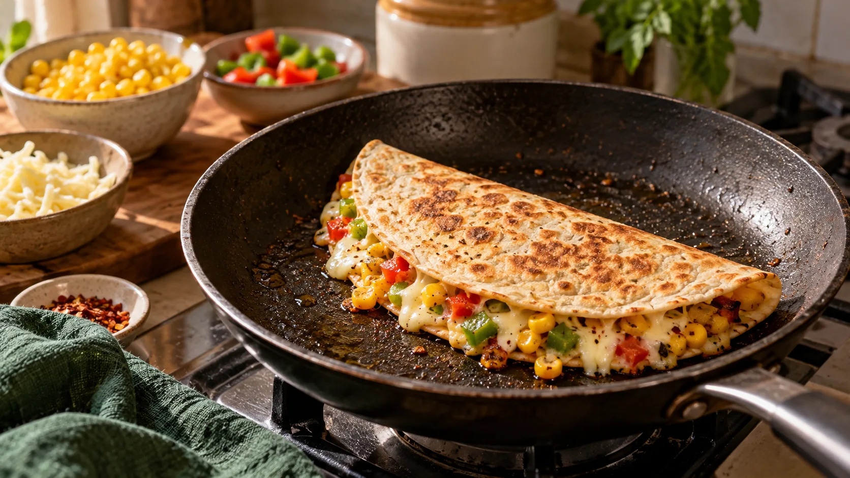 Corn and cheese quesadilla browning in a frying pan