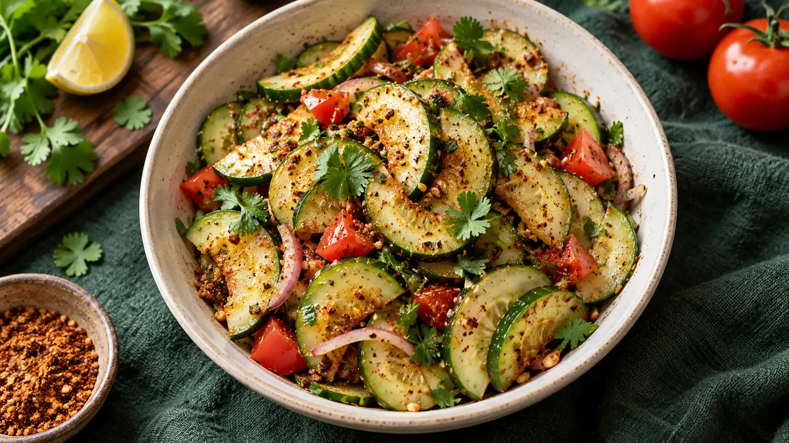 Cucumber and tomato salad with a light podi dressing