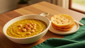 Thick chana dal with a light podi finish served beside crisp flat pakwan.