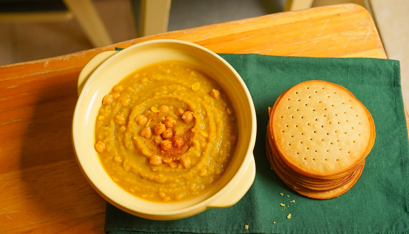 Thick chana dal with a light podi finish served beside crisp flat pakwan.