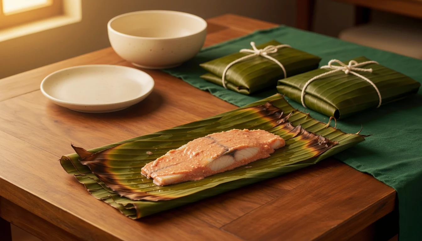 Coconut-podi coated fish in an opened banana leaf parcel, with wrapped parcels nearby.