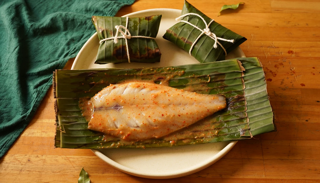Coconut-podi coated fish in an opened banana leaf parcel, with wrapped parcels nearby.