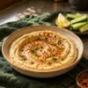Creamy chickpea hummus with a light podi sprinkle, lemon and cucumber