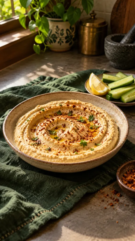 Creamy chickpea hummus with a light podi sprinkle, lemon and cucumber