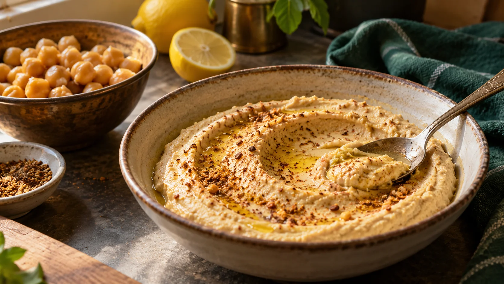 Spoon drawing through podi hummus beside cooked chickpeas
