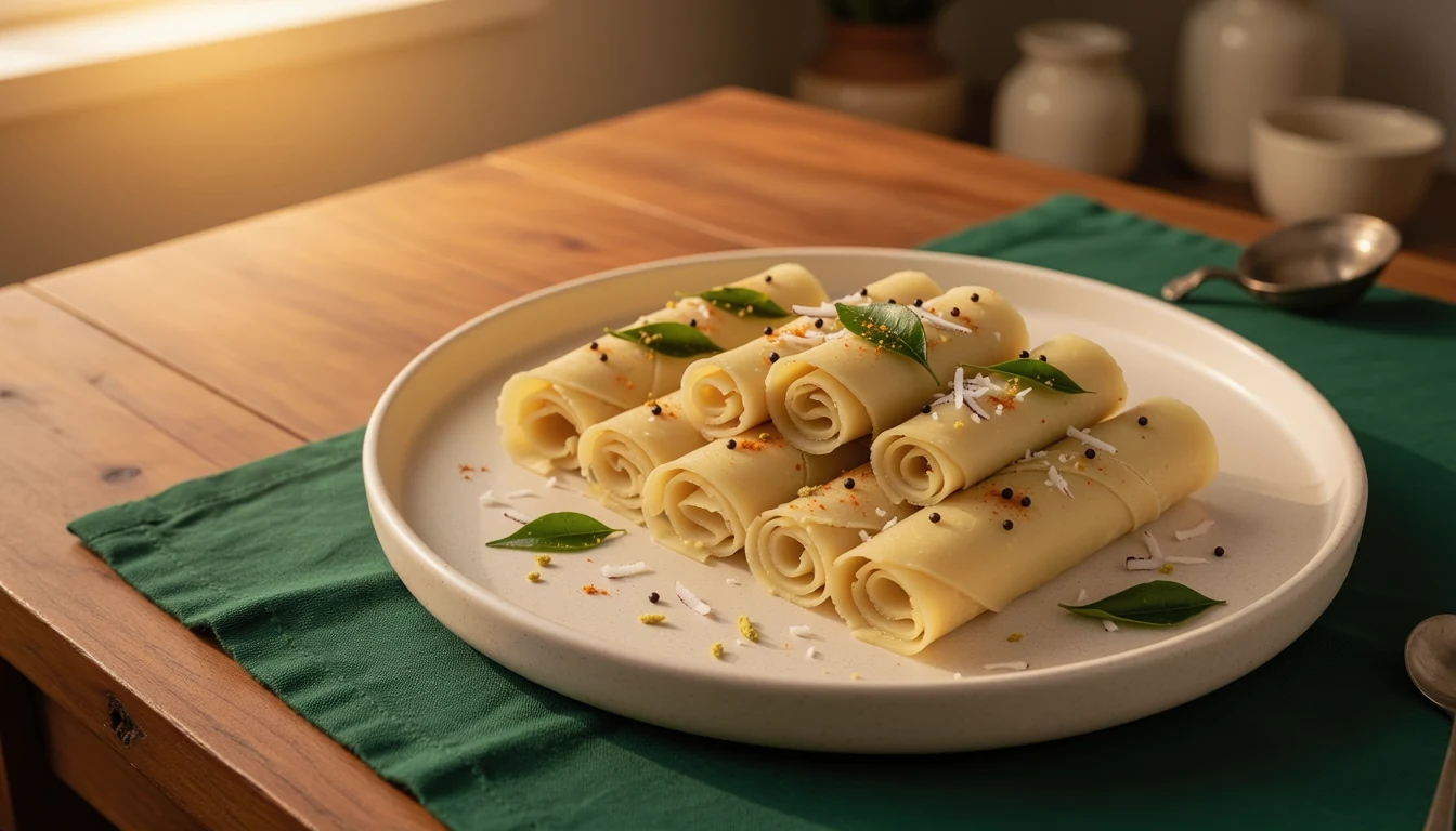 Thin yellow khandvi rolls with mustard seeds, curry leaves and a light podi finish.