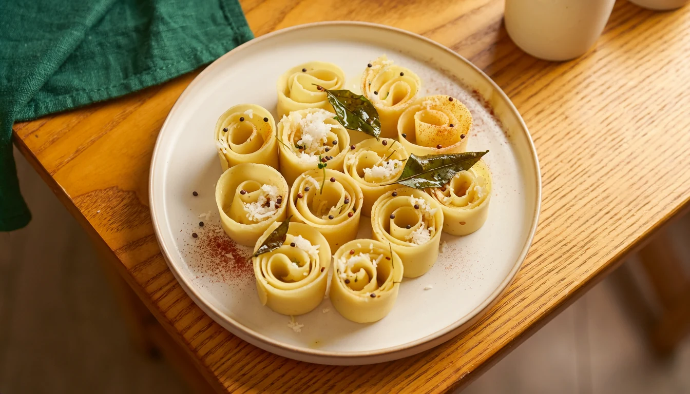 Thin yellow khandvi rolls with mustard seeds, curry leaves and a light podi finish.