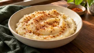 Soft rice-flour khichu topped with podi and a little oil