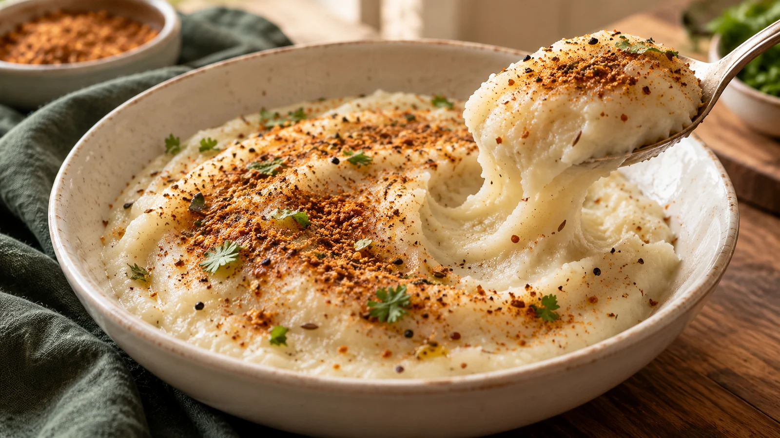A spoon lifting soft khichu with a podi topping