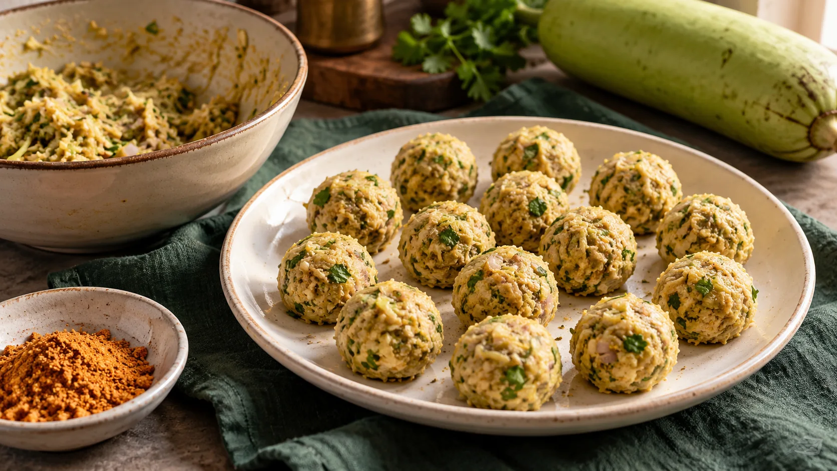 Shaped lauki koftas before frying
