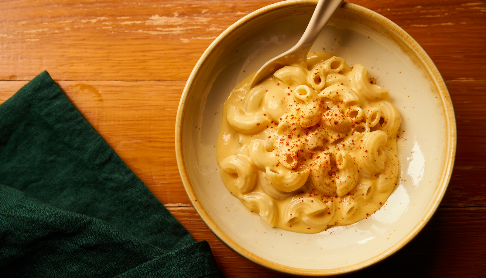Close view of elbow macaroni coated with creamy podi cheese sauce.