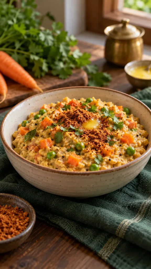 Savoury vegetable oats with Karnataka podi in a ceramic bowl