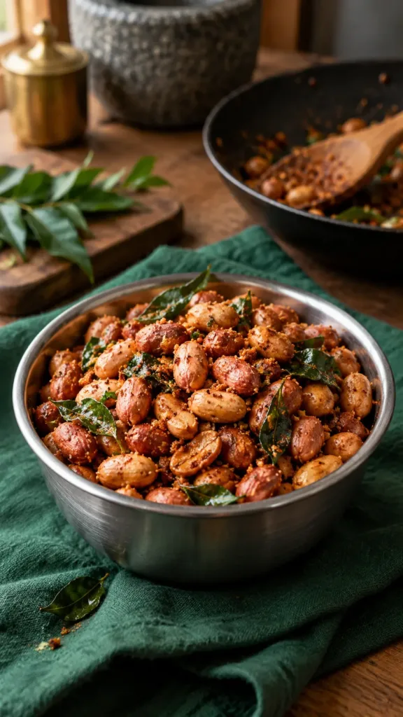 Roasted peanuts coated lightly with podi and crisp curry leaves