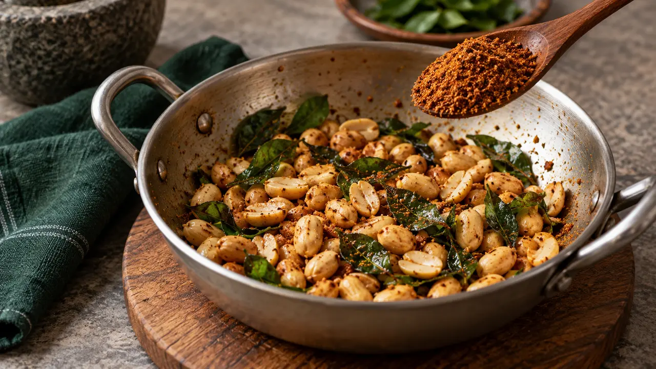 Roasted peanuts and curry leaves in a pan with a spoon of podi ready to add