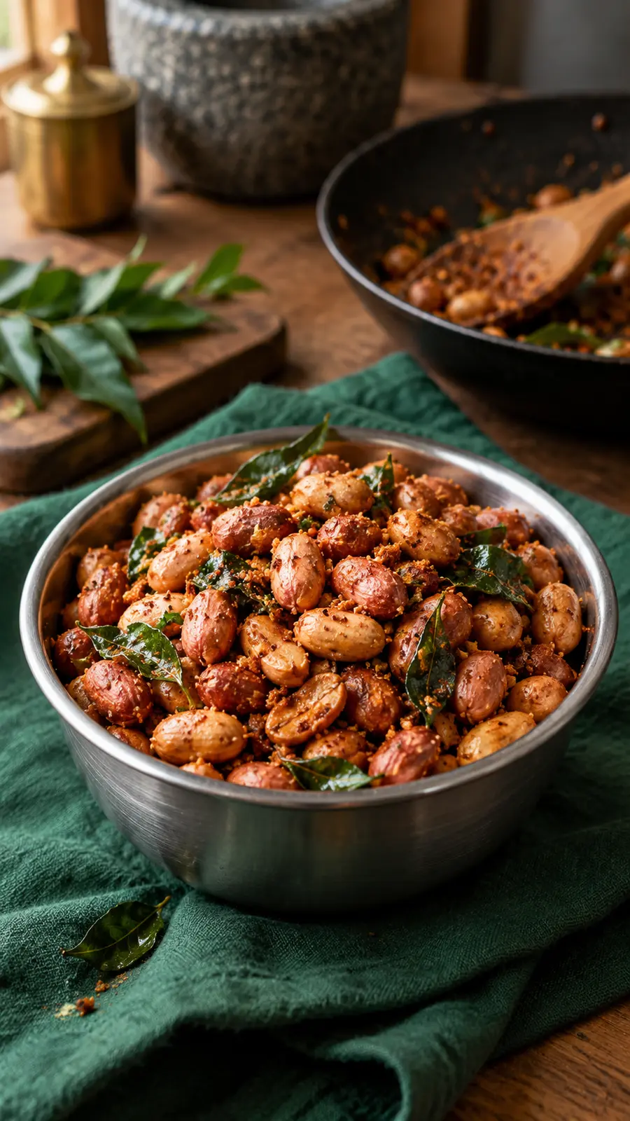 Roasted peanuts coated lightly with podi and crisp curry leaves