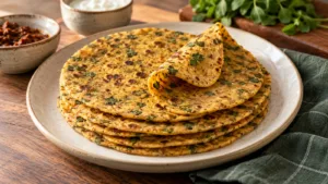 A stack of golden methi theplas with green fenugreek flecks