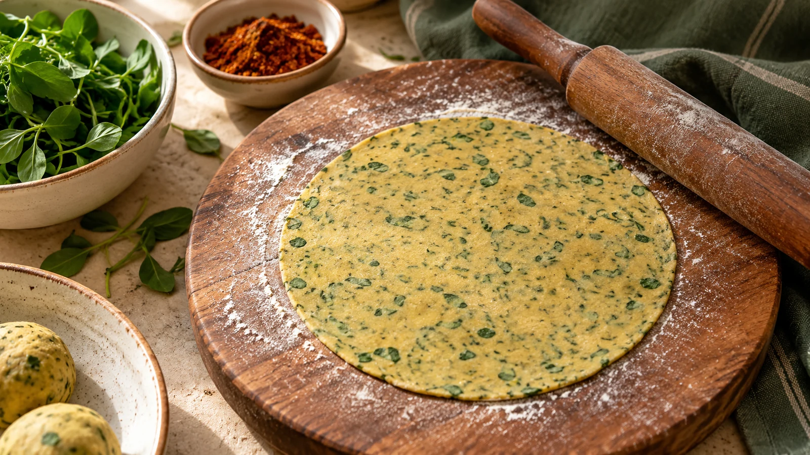 A rolled methi thepla on a flour-dusted board beside podi