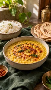 Yellow moong dal with a podi finish served with rice and roti
