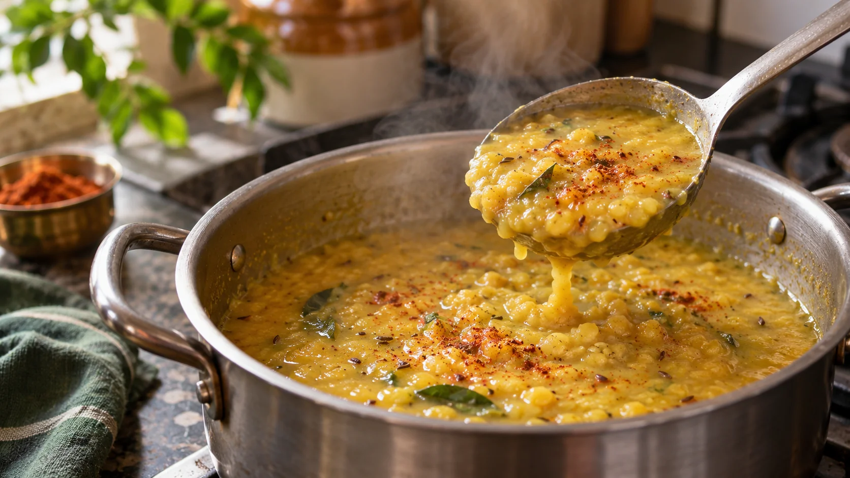 Ladle lifting soft moong dal with podi seasoning