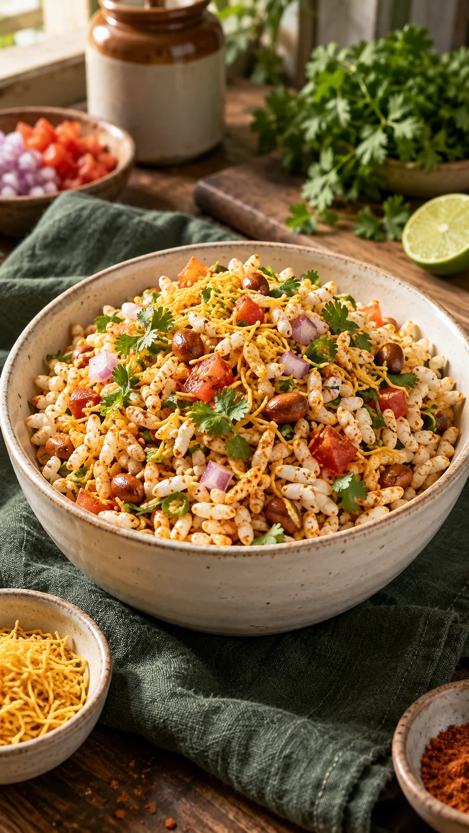 Murmura bhel with peanuts, onion, tomato and podi