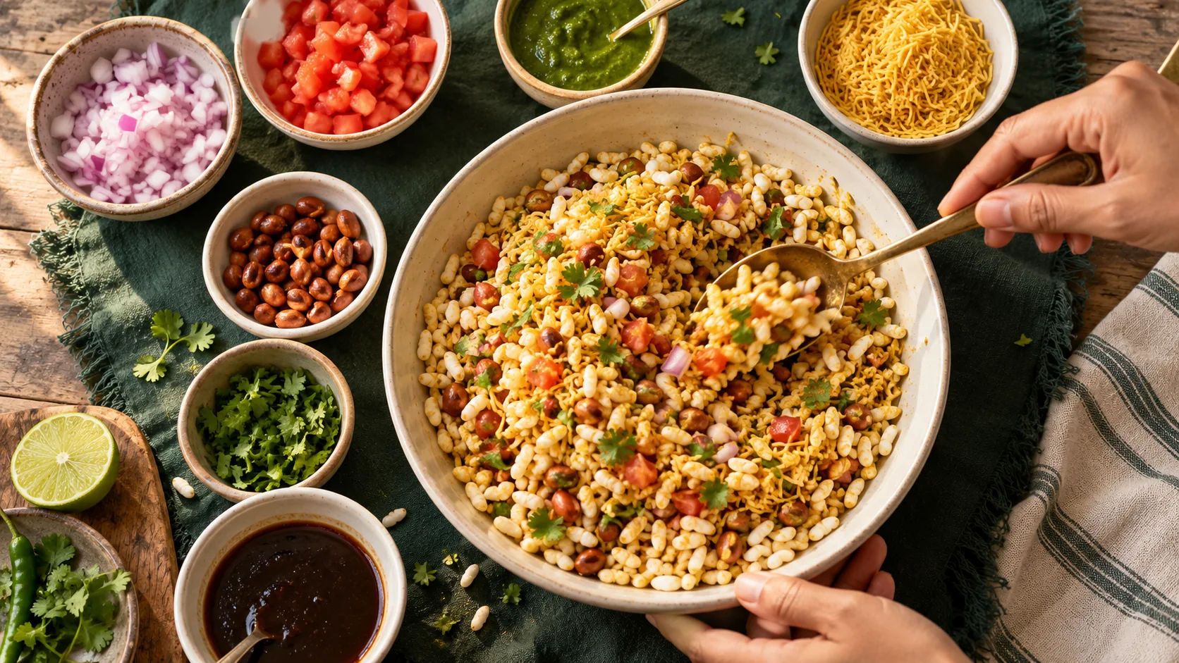 Fresh murmura bhel being mixed with ingredients nearby