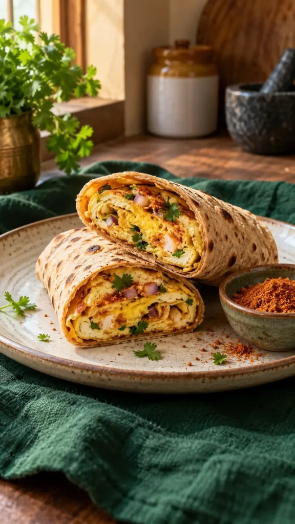 A roti roll filled with a cooked podi omelette, onion and coriander