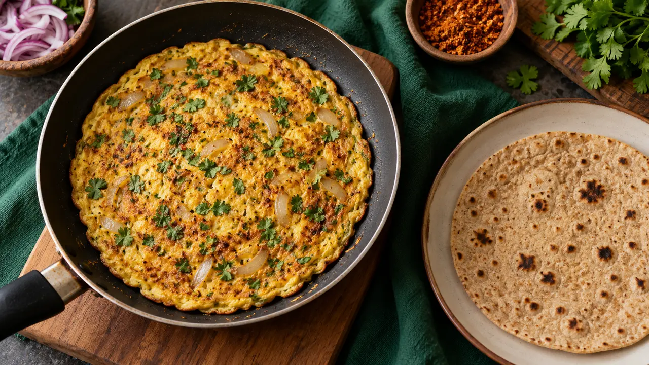 A fully cooked podi omelette in a pan beside a roti ready for rolling