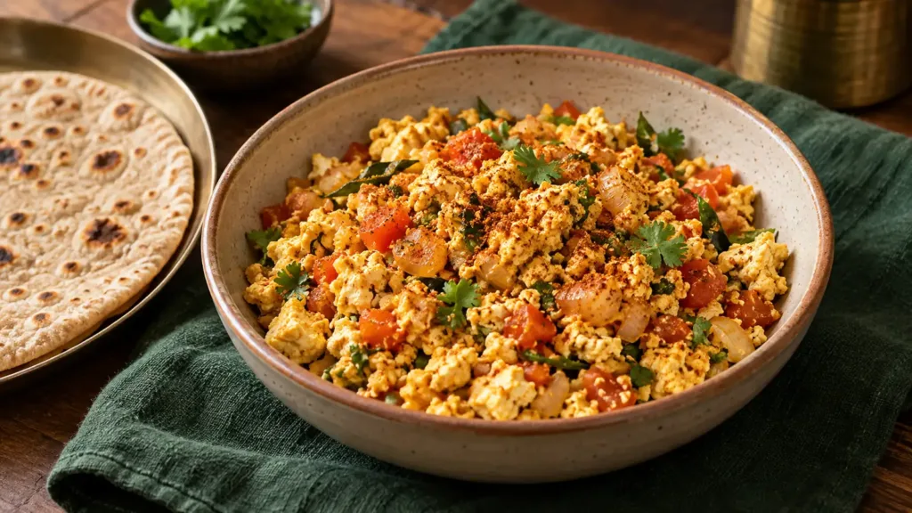 Bowl of podi paneer bhurji with onion and tomato beside roti