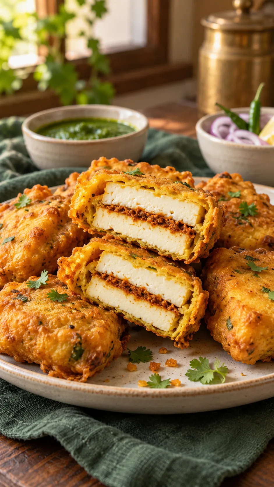 Paneer pakora showing a thin podi filling
