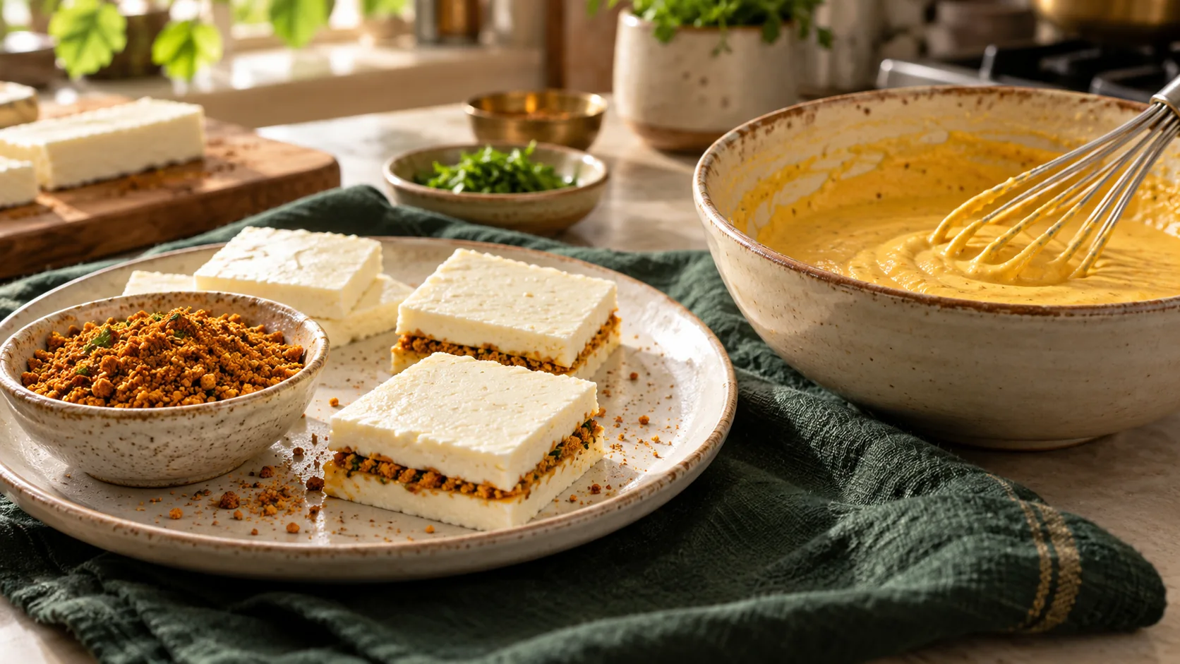 Paneer slices filled with podi beside besan batter