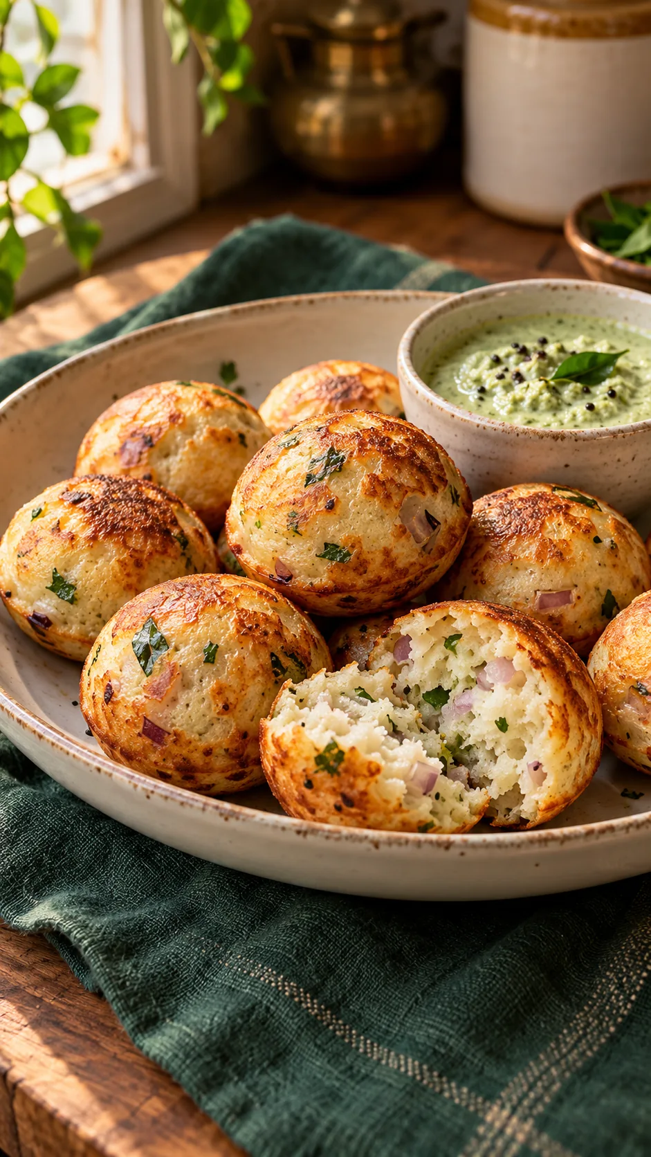 Golden podi paniyaram with a soft cooked centre