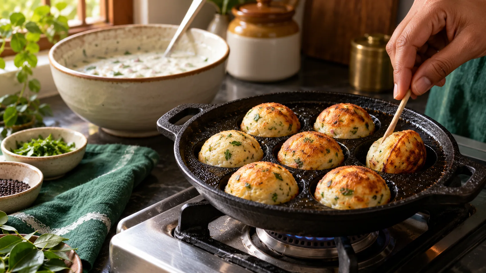 Podi paniyaram cooking in a cast iron appe pan