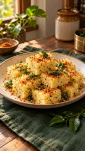 Steamed rava dhokla squares with a light podi sprinkle