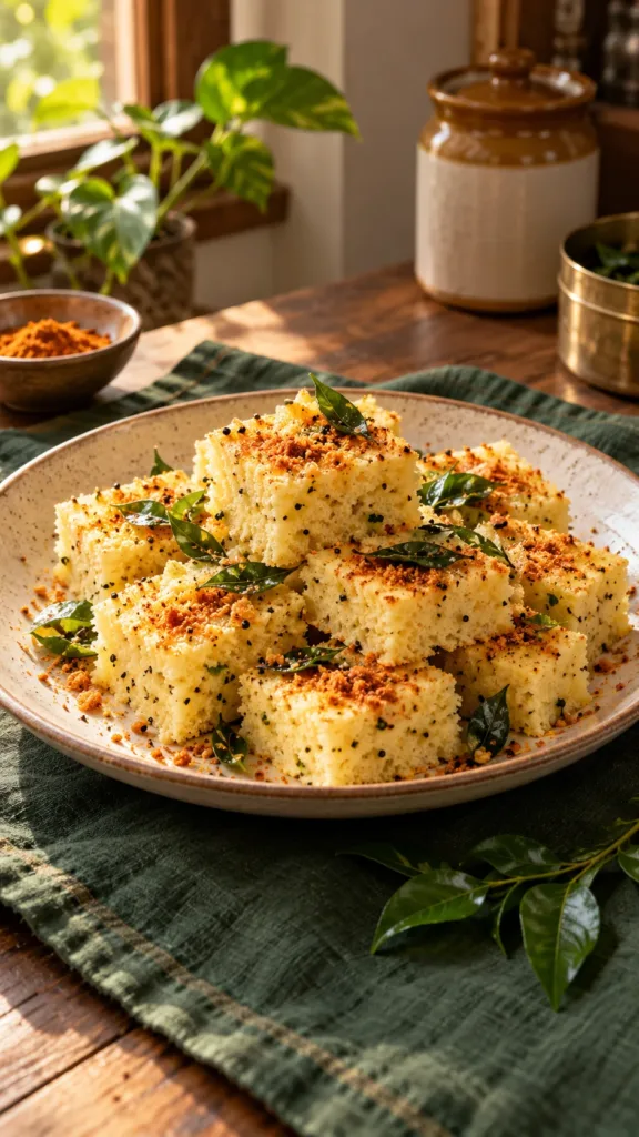 Steamed rava dhokla squares with a light podi sprinkle