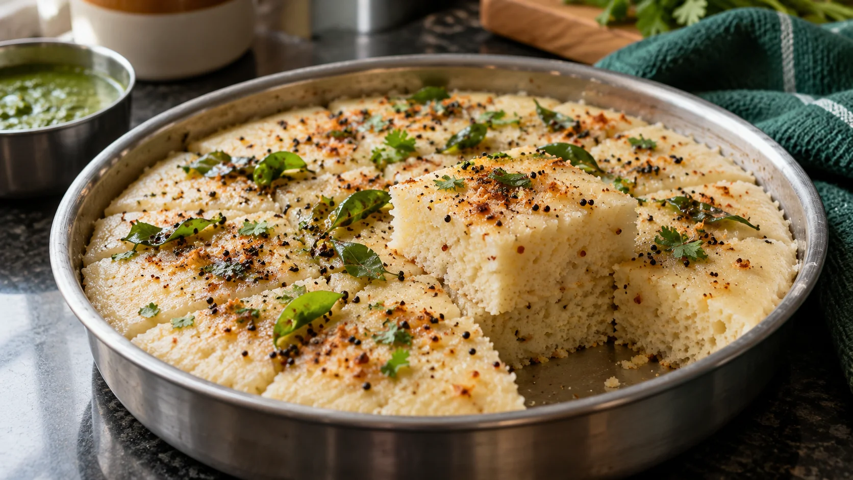Cut rava dhokla in a steel tin showing the steamed crumb
