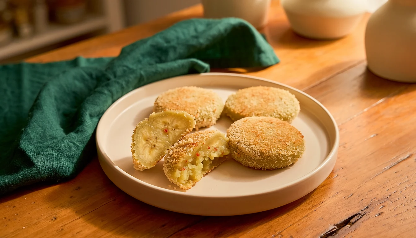 Golden crumb-coated raw banana cutlets with one cut open to show the filling.