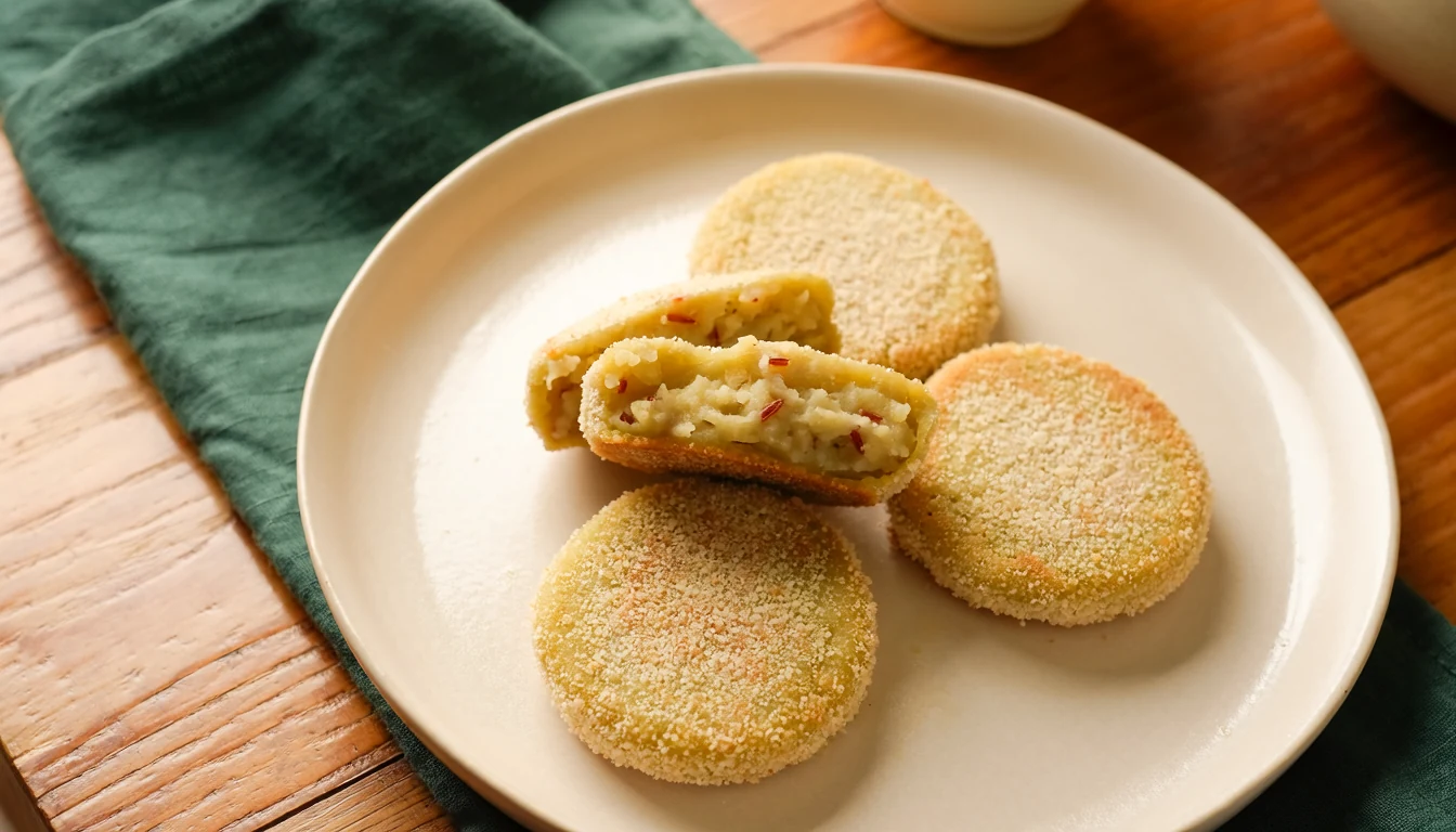 Golden crumb-coated raw banana cutlets with one cut open to show the filling.