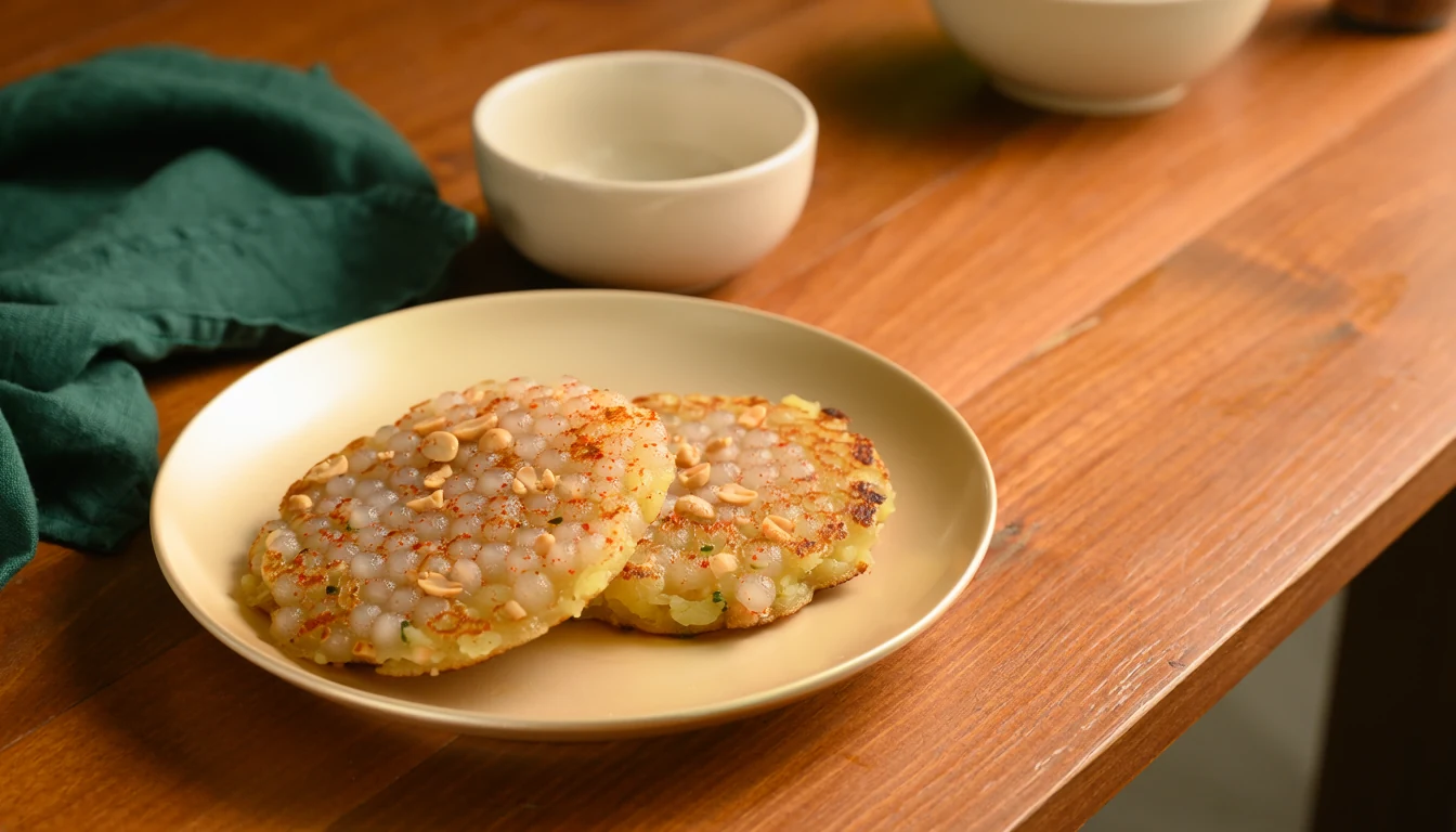 Golden sabudana thalipeeth with tapioca pearls, potato and podi seasoning.