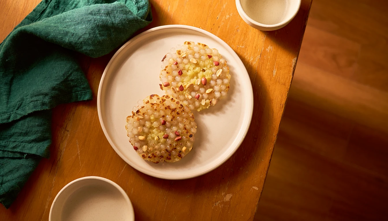 Golden sabudana thalipeeth with tapioca pearls, potato and podi seasoning.