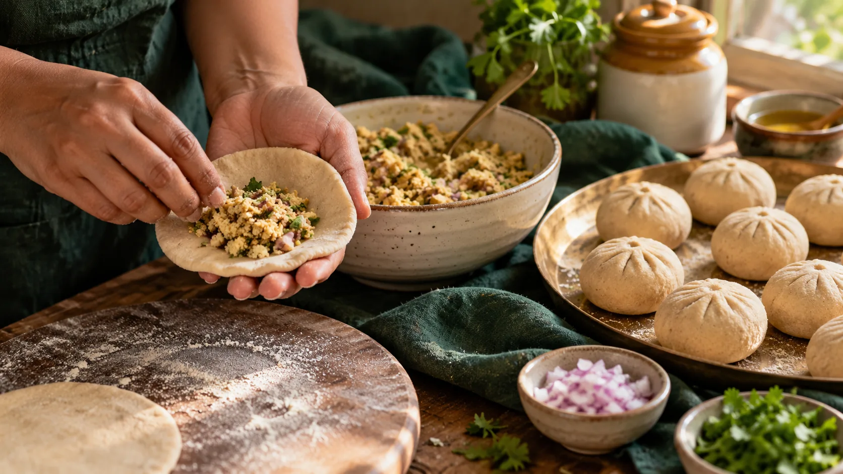 Sattu filling being enclosed in atta dough
