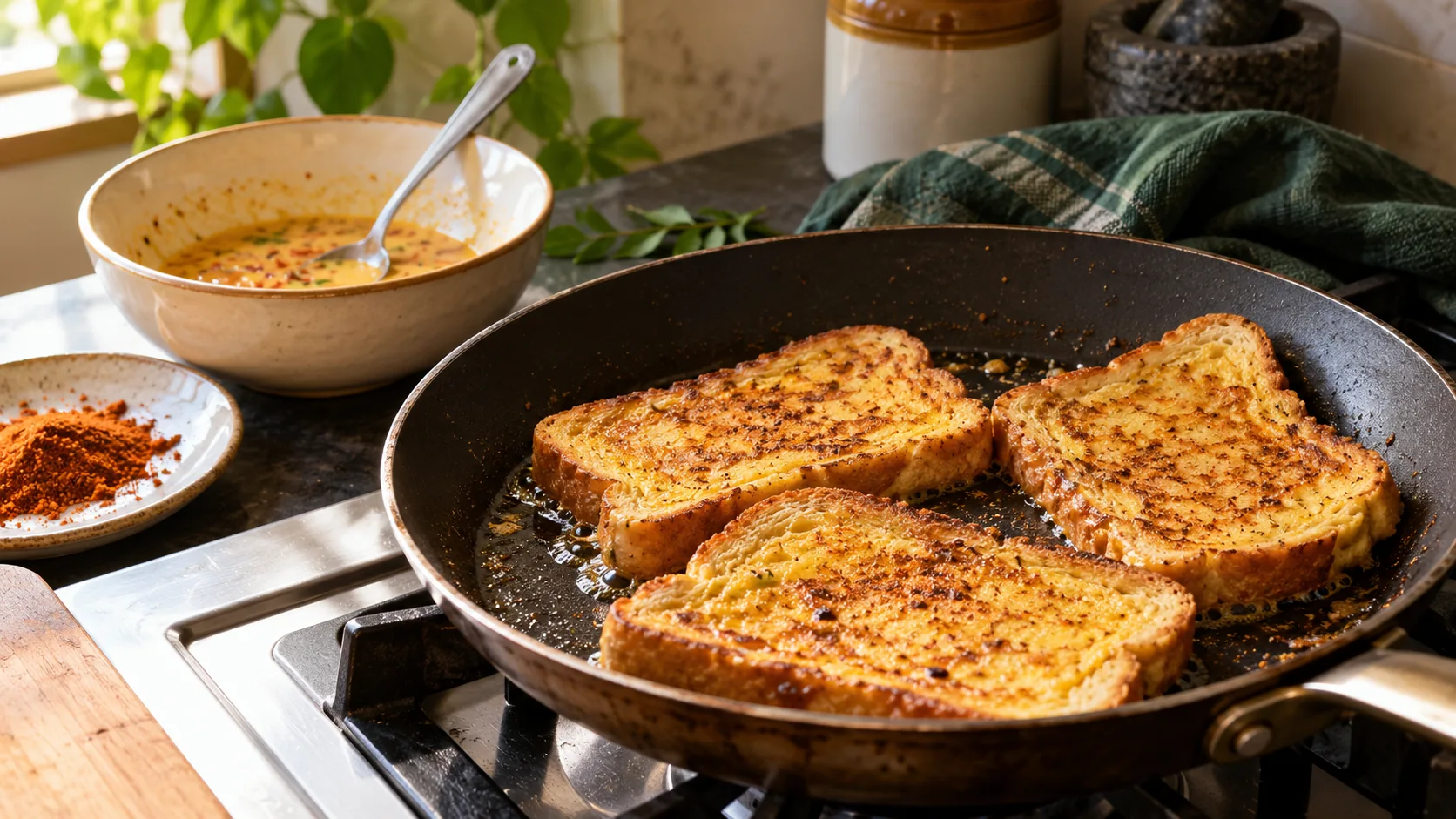 Podi French toast cooking in a frying pan