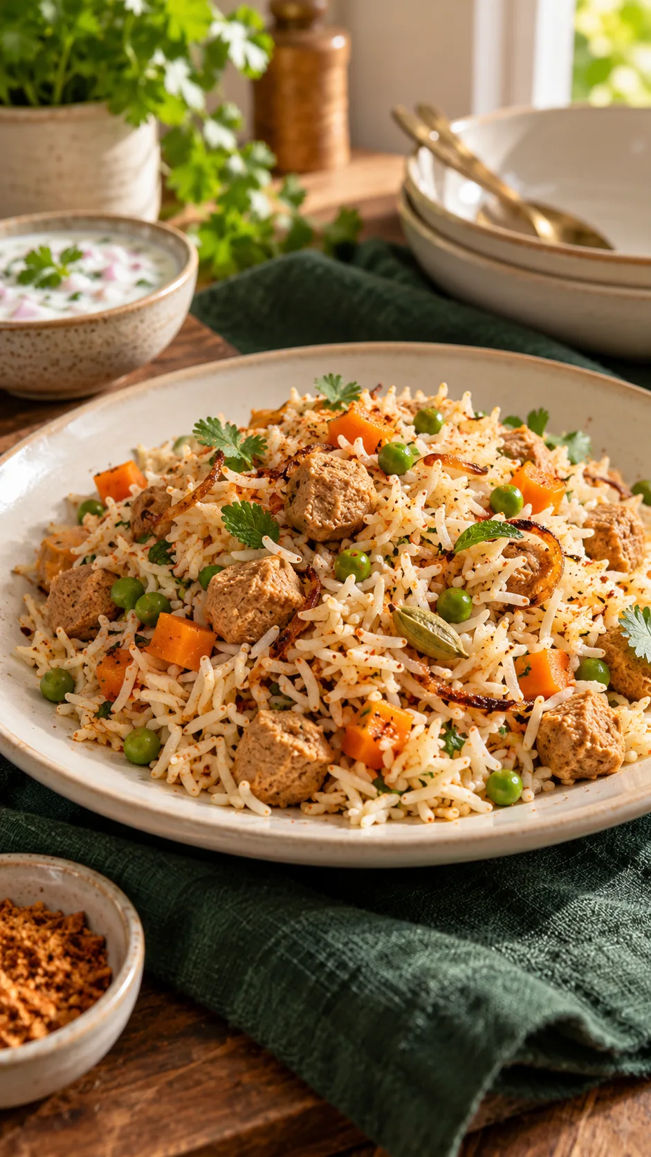Podi soya chunk pulao with separate basmati grains