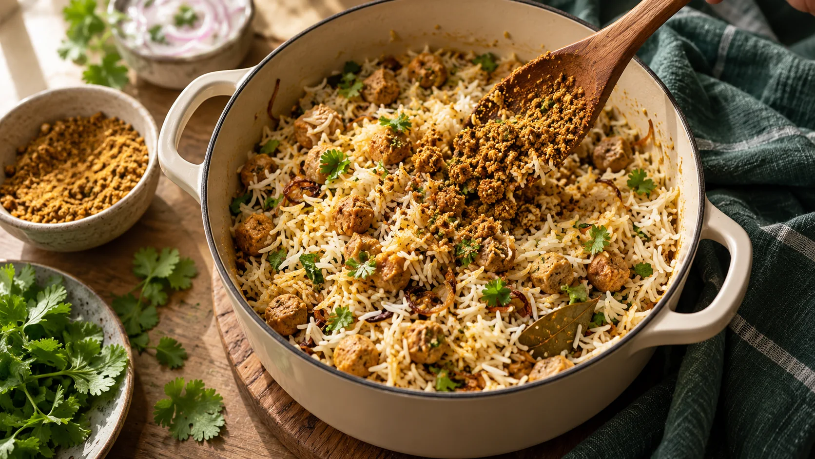 Podi being folded into cooked soya chunk pulao