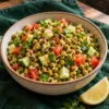 Cooked moong sprouts chaat with cucumber, tomato, coriander and podi