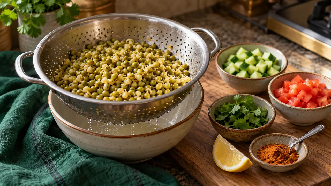 Cooked moong sprouts draining beside chopped vegetables, lemon and podi