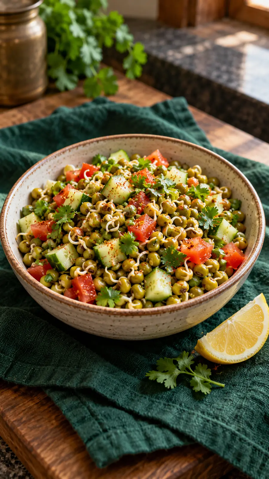 Cooked moong sprouts chaat with cucumber, tomato, coriander and podi