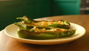 Green capsicum halves filled with potato, peas and podi seasoning.