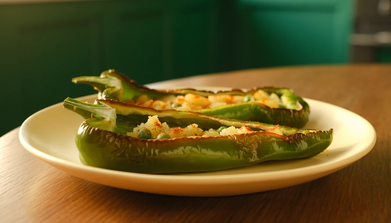 Green capsicum halves filled with potato, peas and podi seasoning.