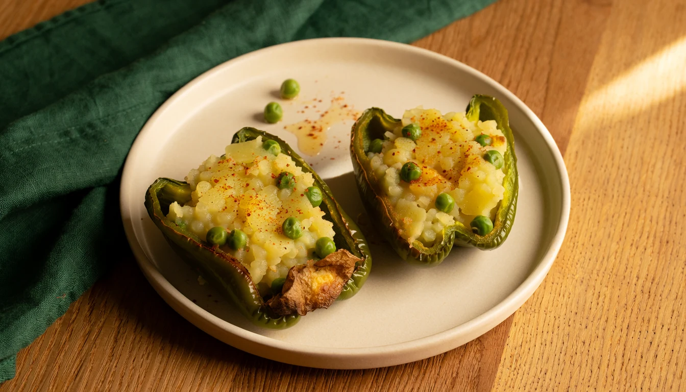 Green capsicum halves filled with potato, peas and podi seasoning.