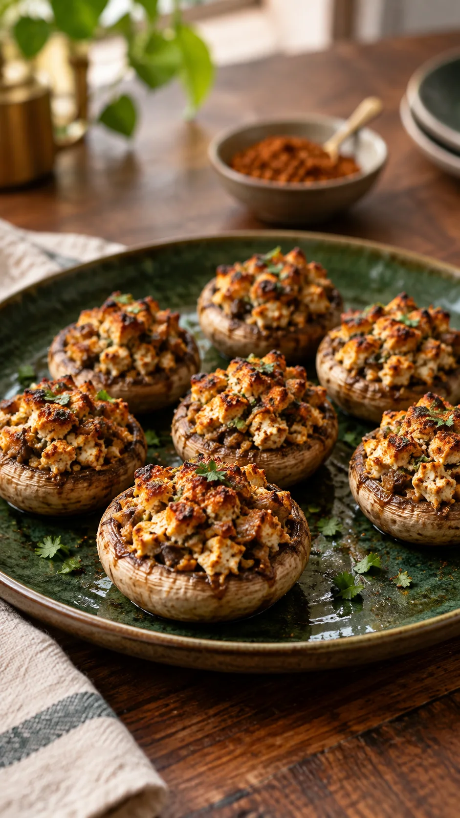 Baked mushroom caps filled with paneer and Karnataka podi